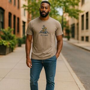 Life is Good Mens Large Biking T-Shirt Heathered Brown Cyclist Bicycle Biking